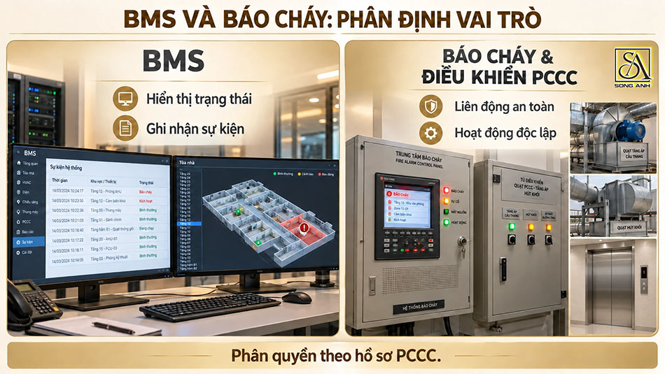 Minh họa vai trò giám sát của BMS và liên động an toàn của hệ báo cháy, điều khiển PCCC.